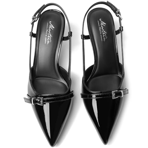 Image of Mostrin Kitten Heels for Women Pointed Toe Pumps Patent Leather Low Heel Slingback Heels with Buckle Dress Shoes for Dating Party Working