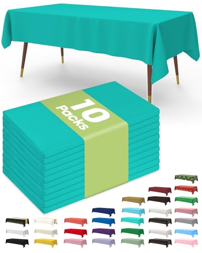 Image of Pureegg Plastic Table Cloth Disposable 10 Pack, 54 x 108 Inch Table Cloths, Easter Party, Summer, Decorative Tablecloths, Rectangle, Turquoise Plastic Cover, Leakproof & Sturdy, Teal