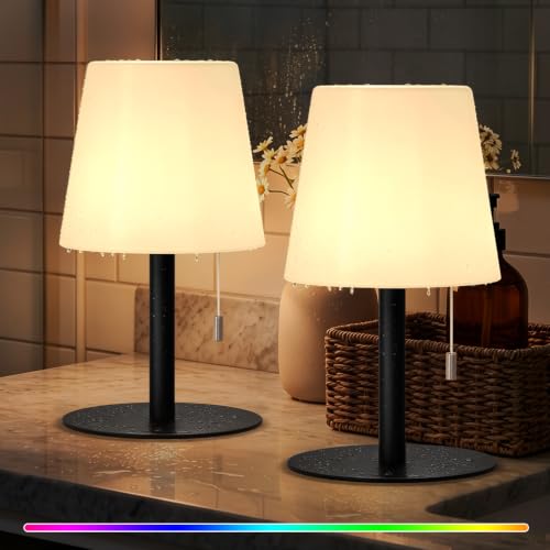 Image of uuffoo Shower Lamp Rechargeable Cordless Light Waterproof for Bathroom Spa | Portable Battery Operated Table Lamp RGB Mood Lighting LED Night Light for Patio kitchen Camping (2PCS Black)