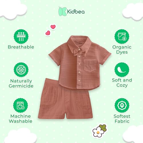 Image of Kidbea 100% Linen Shirt & Pant Co-ord Set for Kids | Elegant & Comfortable Summer Wear | Stylish Short-Sleeve Shirt with Bow & Comfy Shorts