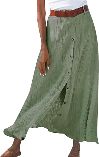 Women's Button Front Slit High Waist Maxi Skirt Cotton Linen Front Flowy Long Skirt Summer A Line Pleated Midi Skirt