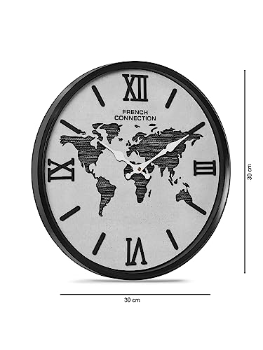 Image of French Connection Luxury Wall Clock Grey Dial with Roman Figures and World Map - Size: 12 Inches - FCWC13-A