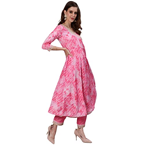 Image of ishin Women's Silk Tie & Dye Zari Embroidered Anarkali Kurta Trouser Dupatta Set