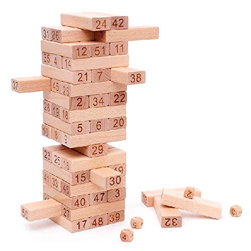 Image of 54 Pcs Wooden Tumbling Tower Game - Indoor Stacking Puzzle Blocks for Kids, Adults & Families - Fun Balancing Toy for Boys & Girls of All Ages - Party Game & Brain Teaser