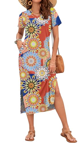 Image of MISFAY Womens Maxi Dress Short Sleeve V Neck Loose with Pockets | Soft stretchy breathable, v neck loose fit, side split hem, two side pockets, casual daily beach vacation travel dress