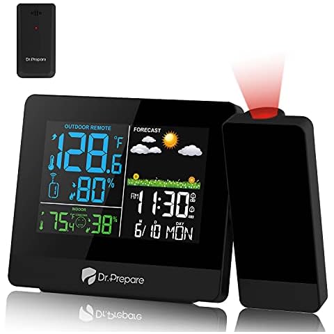 DR.PREPARE Projection Alarm Clock, Digital Clock Projector on Ceiling with Indoor/Outdoor Temperature Display, Dual Alarms, Colored Backlight, Weather Forecast, and Battery Backup for Bedroom Cover