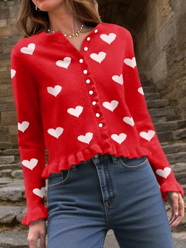 Image of Saodimallsu Womens Ruffle Cardigan Sweaters Button Up Crew Neck Long Sleeve Cropped Sweater Cute Soft Knit Tops