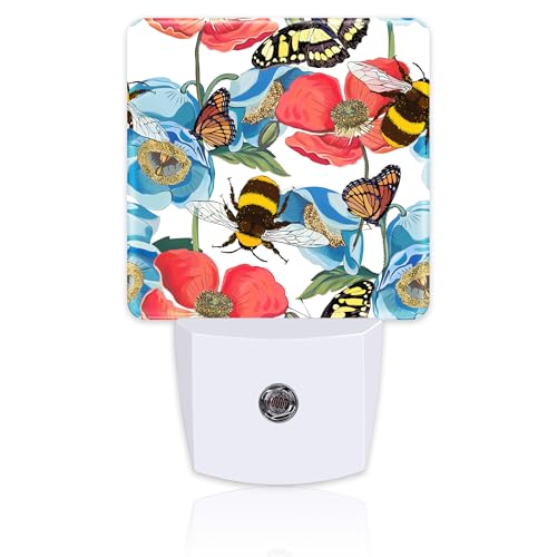Image of Red Poppy Flowers with Bee Butterflies Night Light for Kids,Bright Floral Insects Night Light Plug in with Dusk to Dawn Sensor,0.5w Energy Saving Nightlight for Hallway Stairway Kitchen Bedroom