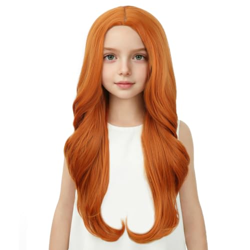 Image of Ginger Wig for Kids Girls Long Ginger Orange Wavy Curly Wig Child Long Orange Part Wigs Heat Resistant Synthetic Wigs with Hairnet