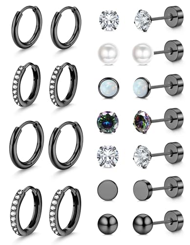 Image of Shining Diva Fashion 12 Pairs Anti Tarnish Earrings Combo Set | 14K Gold Plated | Hypoallergenic Stainless Steel Earring for Sensitive Ears | Flat Back Stud Hoop Cartilage Earring for Multiple Piercing