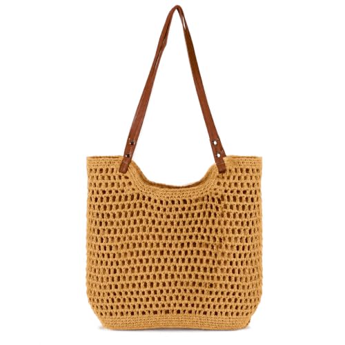 Image of Crochet Beach Bag for Women, Woven Beach Tote with Zipper Closure, Large Boho Summer Bag for Vacation & Pool