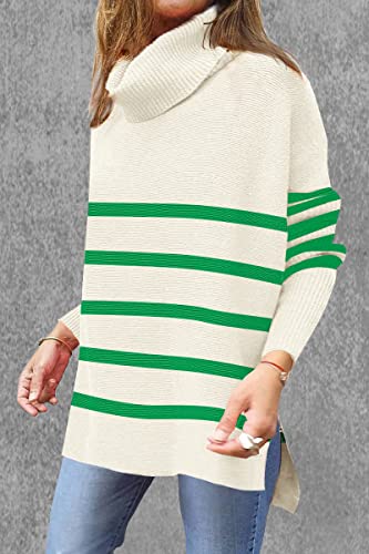 Image of Women's Turtleneck Oversized Sweaters Long Sleeve Split Hem Striped Knit Pullover Tops