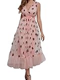 Viloong Women Strawberry Sequin Dress V-Neck Embroidered Sweet Mesh Lace Up Pleated Maxi Dress (Pink...