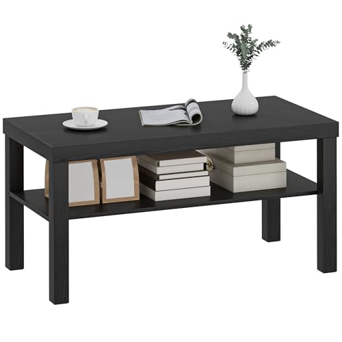 HOMCOM Coffee Table with Storage Shelf, Rectangular 2 Tier Center Table for Living Room, Home Office, 35.5 x 17.75 x 17.5 Inch, Black