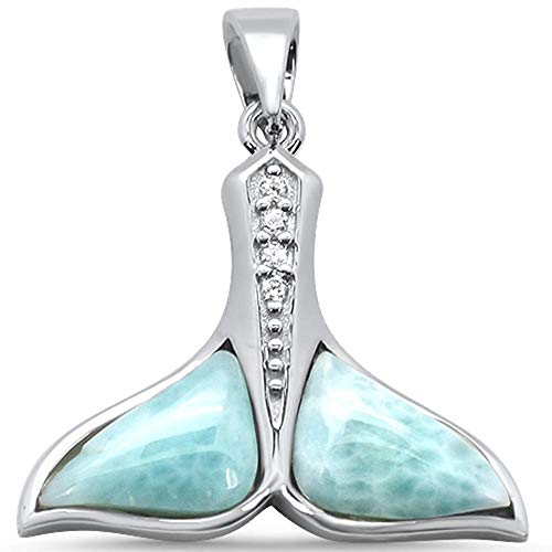CloseoutWarehouse Natural Larimar Cubic Zirconia Designer Whale Tail Pendant Sterling Silver