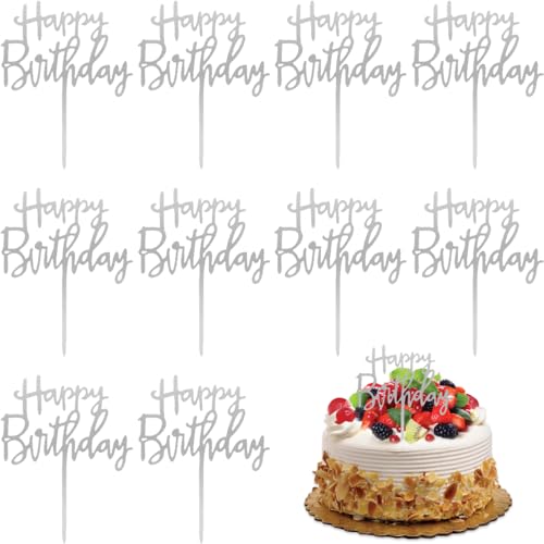 BAVALIN 10 peças decoração de bolo de feliz aniversário - decoração para bolos de feliz aniversário, adorno de Cupcakes acrílico para decoração de festas de aniversário de Baby Shower, prateado