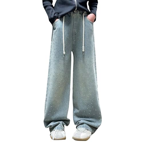 Girls Baggy Pearl Print Jeans 𝐃rawstring Elastic High Waisted Casual Denim Pants Wide Leg Trousers with Poket