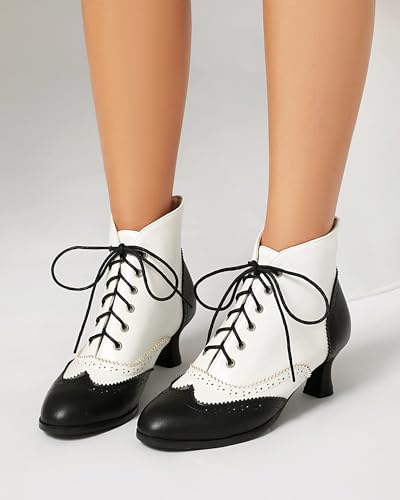 SHEMEE Women's Vintage Victorian Boots Kitten Heels Ankle Booties Lace Up Oxford Brogues Boots Wingtip Perforated Tie Up Low Mid Heel Renaissance Witch Shoes3