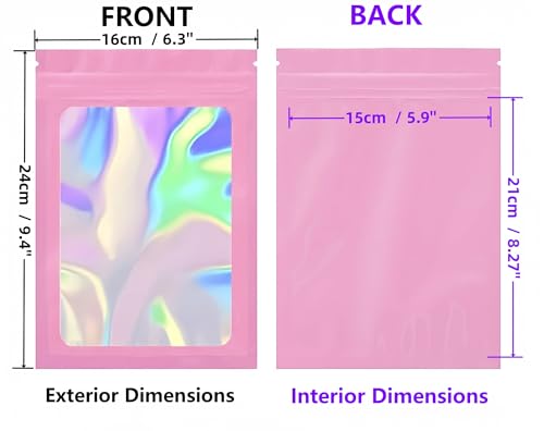 Miniatura 2 de Rimiko 100 Piezas De Bolsa Aluminio Resellable, Bolsa Mylar Hermética Para Alimentos, Bolsas Planas Ziplock Con Ventana Transparente Para El Embalaje De Productos Rosa Y Holográfico, 16x24 Cm