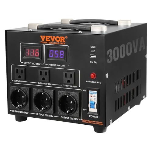 VEVOR Transformador Convertidor de Voltaje Sube/Baja 220-110V/110-220V Convertidor 3000 W CE con 3 Enchufes NEMA 5-15R de 3 Pines EE.UU., 3 Enchufes Shucko Europeos, 1 Conector USB, 1 Conector Tipo-C