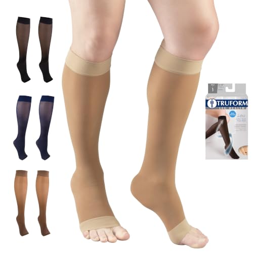 Image of Truform Sheer Compression Stockings, 8-15 mmHg, Women's Open Toe, Knee High Length, 20 Denier, Beige, Medium