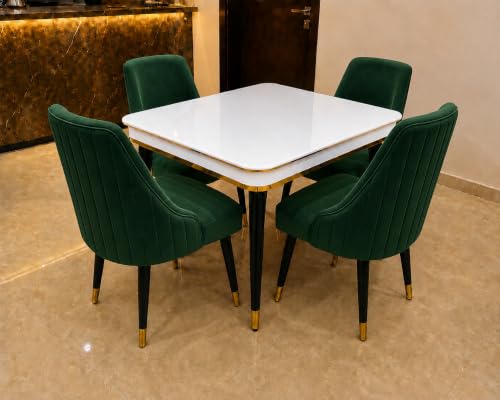 Image of WOODEN SPACE 4 Seater Wooden Dining Table Set | Urban Marble Top Dining Table with Chairs for Dining Room & Kitchen (Modern Infinity Backline Dark Green) (42 x 42 x 30 inch)