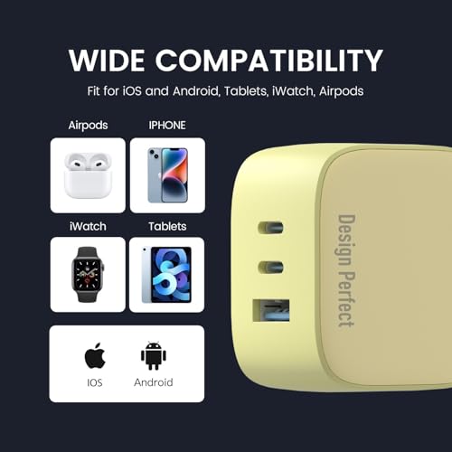 Image of DeperAI 65W 3-in-1 Fast Charger Adapter, Compatible with iPhone and Android-Samsung, Realme, Redmi,Oppo, Vivo, iPad, and Others, Wall Adapter GaN III PD3.0 Charger, Supports UFCS, Wrap (Yellow)