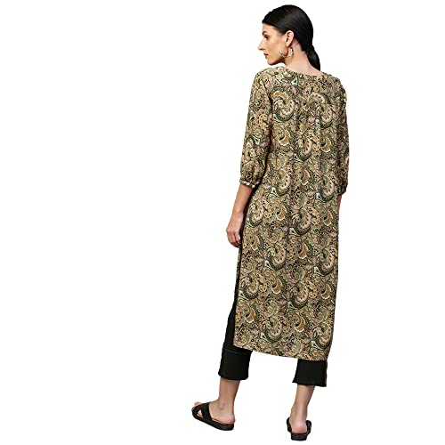 Image of Chemistry Women's Elegant Viscose Round Neck Paisley Printed Kurta | Regular Ethic Wear | Soft and Flowy Texture | Classic and Timeless Appeal with Three-Quarter Sleeves | Versatile for Casual Outings, Festive Occasions, OfficeWear |Olive Green