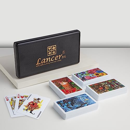 Image of LANCER DX Plastic Playing Cards (Set of 12), Bridge Size, Multicolor Cards Packed in Three Piece PVC Containers, Cards for All Ages Used for Card Games, Poker and Rummy