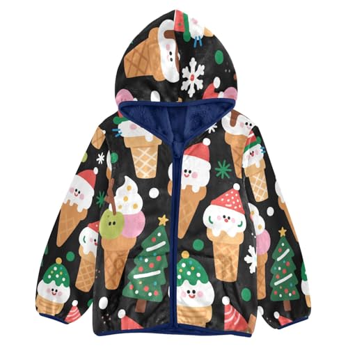 Christmas Ice Cream Cone Pattern Toddler Fleece Jacket Girl Boys Hooded Fleece Jacket Coat Warm Outwear Zip-up 3-10T