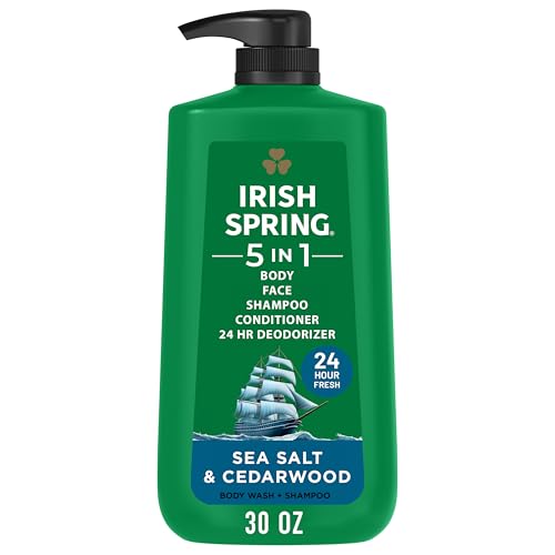 Irish Spring 5 in 1 Moisturizing Body Wash for Men Shampoo Conditioner Body and Face Wash and 24 Hour Deodorizer Paraben-Free Sea Salt & Cedarwood Scent 30 fl oz