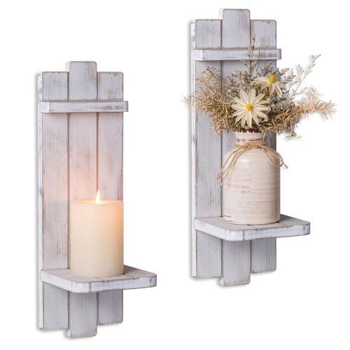 Farmhouse Candle Sconces Wall Decor: Set of Two Rustic Wood Candle Holder Wall Decor - Distressed White Candle Sconces for Bedroom Living Room Bathroom