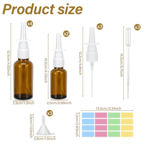 6 Stück Nasenspray Flasche Leer,30ml und 20ml Glas Nasensprayflasche,Wiederverwendbar Nachfüllbare Zerstäuber,mit Düsen,Blanko-Etiketten,Trichter,Stroh,for Perfume,Essential Oils,Saline Solution