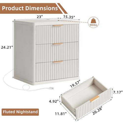 Image of LEYAOYAO 23 inch Wide Fluted Night Stand with Charging Station,3 Drawers Large End Table with Storage,White Nightstand Wood Bedside Tables, Farmhouse Cabinet Dresser for Bedroom,Closet
