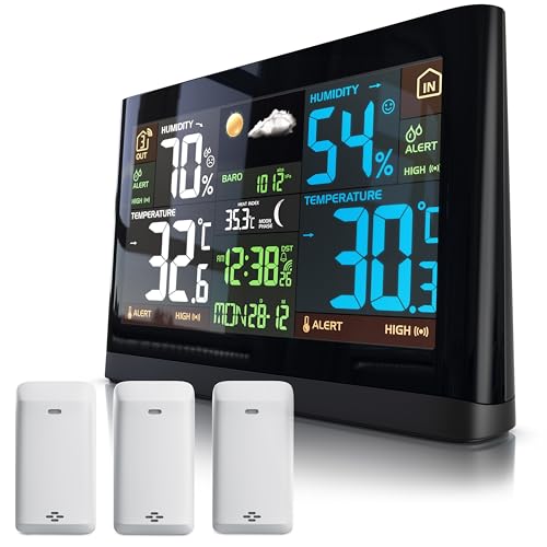 Brandson - Wetterstation Funk mit 3 x Außensensor (3 Zonen) - DCF Empfangssignal Funkuhr - Innen- und Außentemperatur - relativer Luftdruck - Barometer - Temperaturtrend – Lichtsensor - LCD-Display