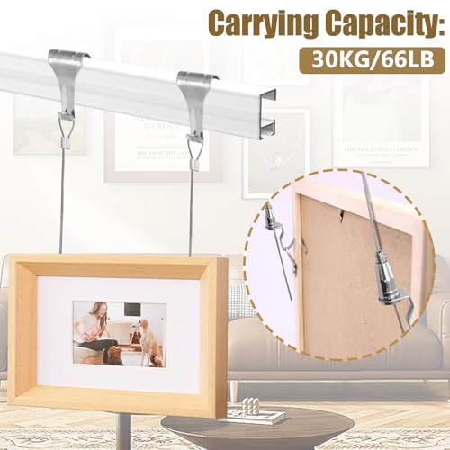 Image of Zorfeter 8 Pack Adjustable Picture Rail Hanging System, Sturdy Picture Rail Hooks Kit 66 lbs(30KG) Max Load Wire Hooks, 3ft(1m) Cable with Loop Picture Hanging Kit for Frames Display /Silver