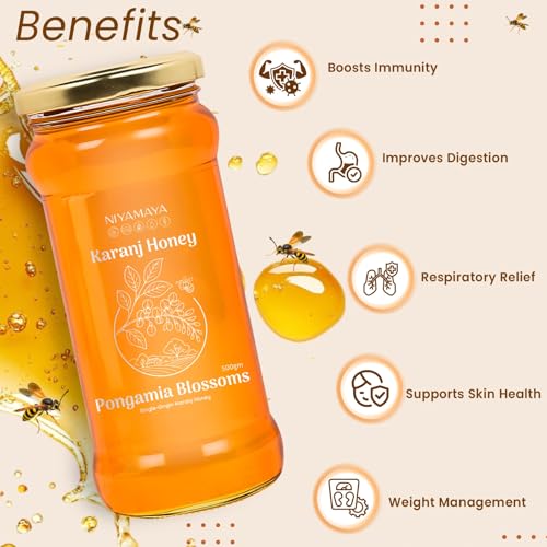 Image of NIYAMAYA Karanj Honey Raw Natural Pure Unprocessed Lab Tested Unpasteurized Unheated 500gm Unblended Nectar from Karanj Flowers, monofloral, No Additives
