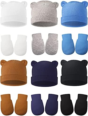12 Sets Newborn Cotton Hospital Hat Mittens Baby Beanie Solid Infant Baby Hats with Ear and No Scratch Mitten Soft Gloves (White, Blue, Gray, Navy Blue, Brown, Black)