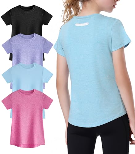 EXARUS 4 Pack Girls Athletic Shirts Quick Dry Short Sleeve Tshirts Crewneck Tee Workout Activewear Tops for Kids 8-16Y Set 4 10Y