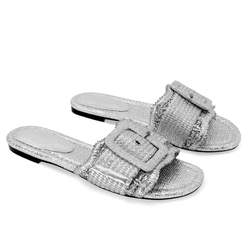 Image of ZJGZF Raffia Sandals for Women Buckle Straw flats Woven Braided Rattan Slides Summer Beach Sandals Comfort Cute Shoes