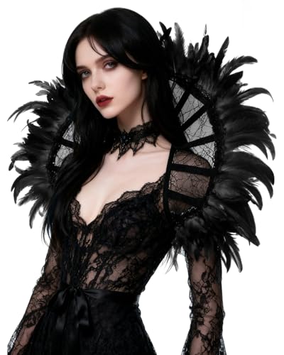keland Gothic Viktorianisch Spitzenkragen Feder Umhang Schultertuch Schulterumhang Kragen Halloween Cosplay Kostüm (Schwarz-1)