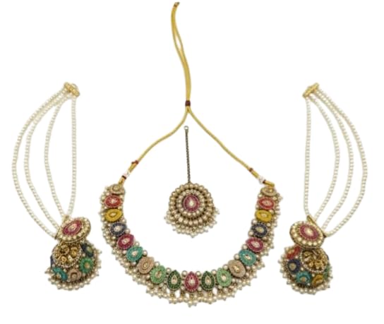 Traditional Meenakari Necklace Set with Maang Tikka and Jhumka Earrings, Multicolour, Pearl Beads