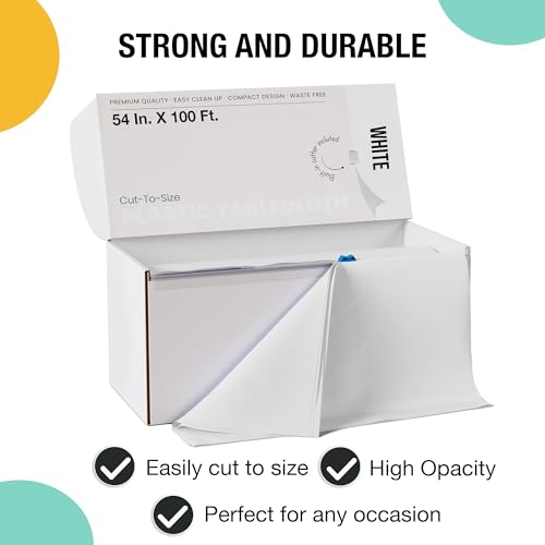 Image of Exquisite Party Solids 54 Inch X 100 Feet White Plastic Table Cover Roll in A Cut - to - Size Box with Convenient Slide Cutter. Cuts Up to 12 Rectangle 8 Feet Plastic Disposable Tablecloths