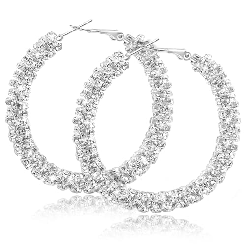Ronglry Rhinestone Hoop Earrings for Women Glitter Hoop Earrings Bohemian Silver Sparkle Earrings Hoop Dangle Earrings for Women Large Hoop Earrings Crystal Party Earrings Prom Formal Jewelry