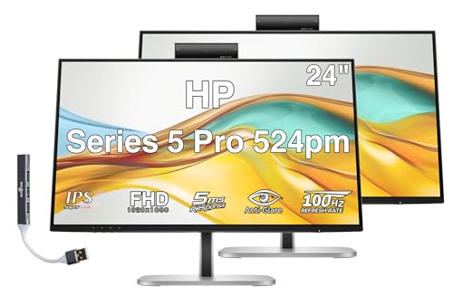 Image of HP Series 5 Pro 524pm 24 inch FHD IPS Monitor with 5ms Response Time, Anti-Glare, Flicker Free, VESA Mount (100mm), Displayport, HDMI & Dockztorm USB Port Expander, Black /Silver (9E0G9UT#ABA) 2 Pack
