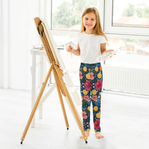 ALAZA Girls' Leggings Children's Yoga Pants Skinny Printed Dance Hibiscus Flower Lemon Comfortable 4T4