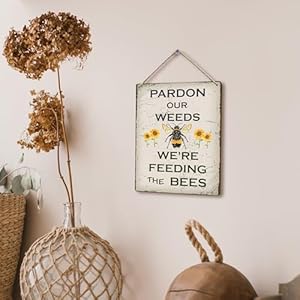 FUGWN Pardon Our Weeds We're Feeding the Bees Hanging Wooden Signs 8x10, Garden Signs, Bee Decor, Garden Decor for Outside, Gardening Decor, Gifts for Gardeners, Bee Themed Gifts FUGWN Pardon Our Weeds Were Feeding the Bees Hanging Wooden Signs 8×10 Garden Signs Bee Decor Garden Decor for Outside Gardening Decor Gifts for Gardeners Bee Themed Gifts