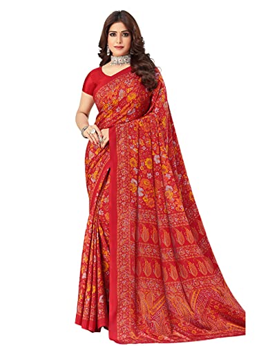 Image of SIRIL Women's Printed Silk Crepe Saree with Unstitched Blouse Piece