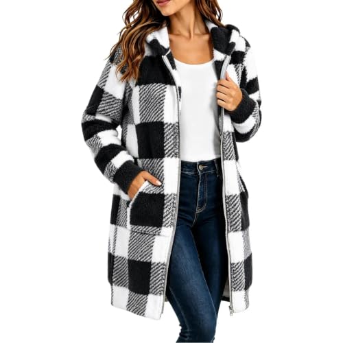 MaMiDay Fleece Jacket Women Plaid Sherpa Hooded Long Coat with Pockets - image 1