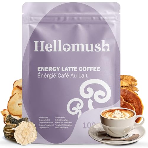 Hellomush Energy Latte with Maca, Cordyceps, Reishi, and Tongkat Ali – Maca Instant Coffee for Men 100g